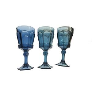 VTG Fostoria Virginia Dark Blue Wine Glasses 7" Tall 3.50" Wide Lot of 3 GLASSES